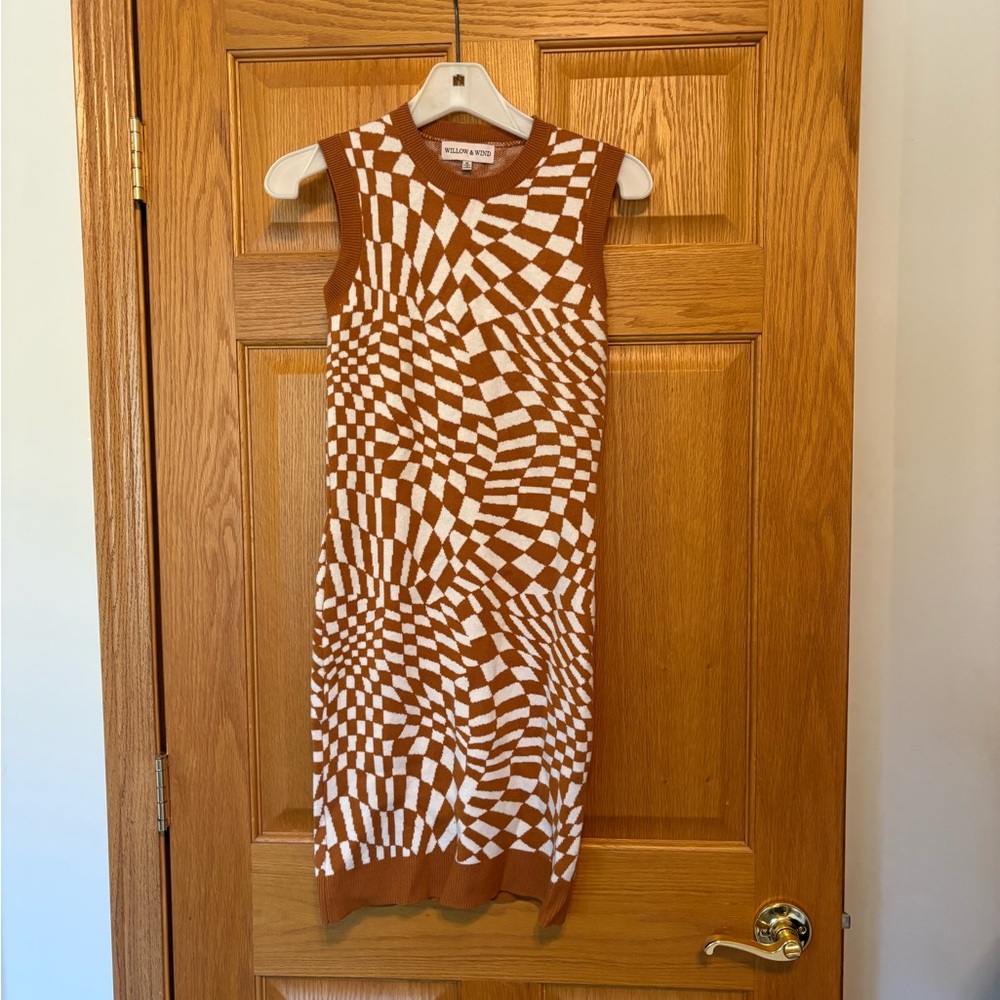 Camel Brown and White Retro Geometric Sweater Dress